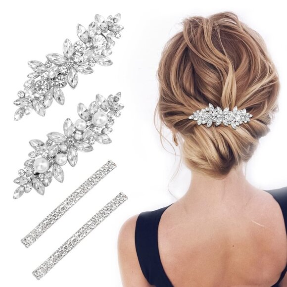 Hair Barrettes, 4 Pcs Rhinestone Hair Clips for Women - Hair Clip Barrettes with - Picture 1 of 7
